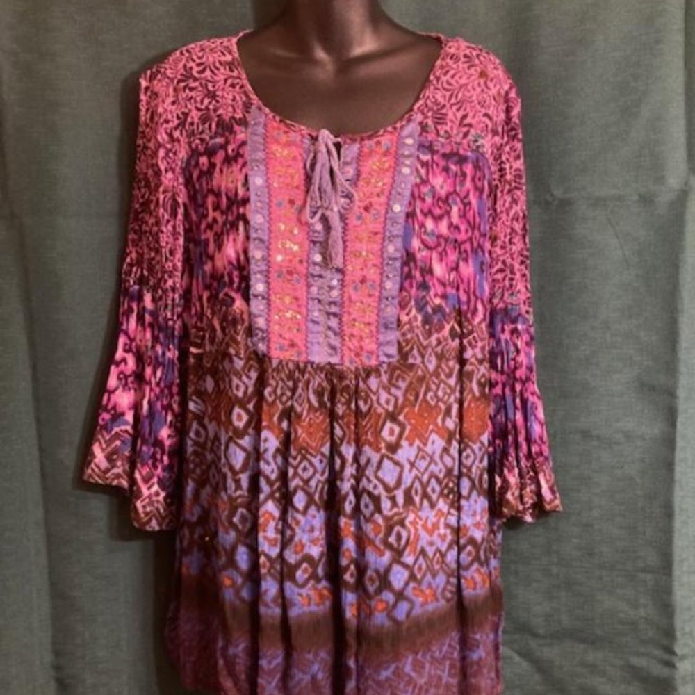 DRESSBARN Top Womem's 1X Multi PrintLoose Fit Light weight 3/4 Sleeves Rayon